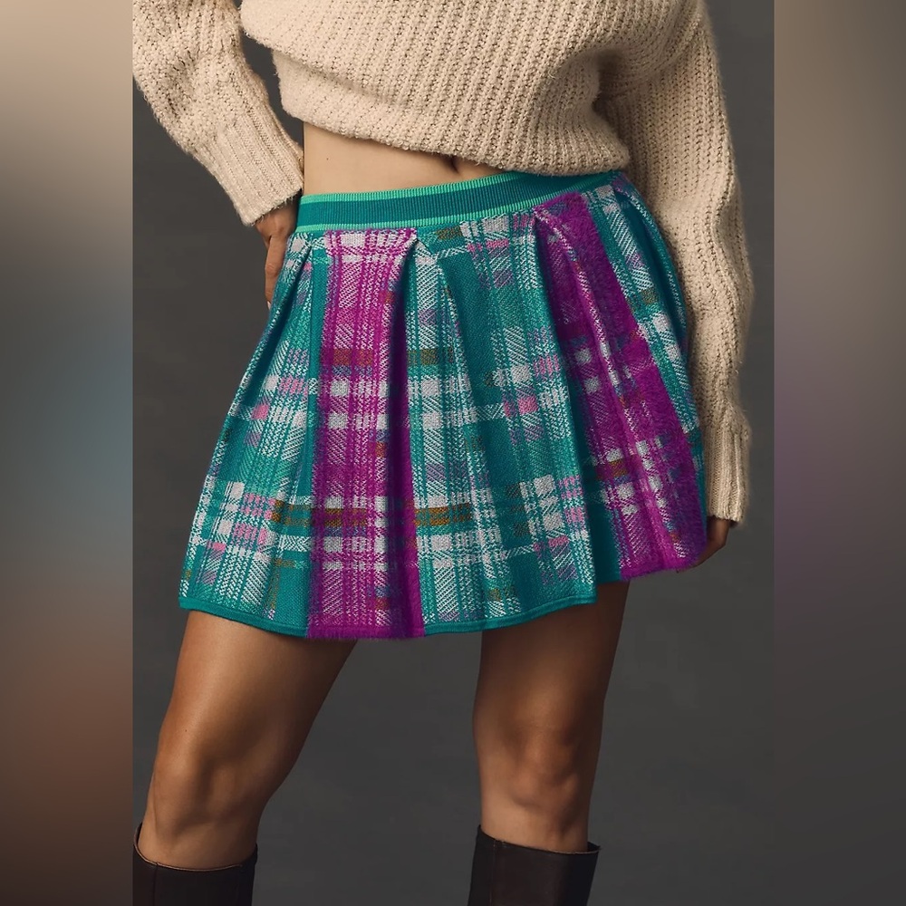 Maeve Anthropologie Pleated Knit Mini Skirt Plaid XS